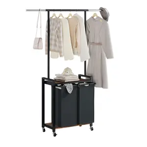 Rolling Laundry Sorter Cart with Iron Hanging Rod - 2-Section Metal Utility Shelf - Lockable Wheels - Multi-Pocket Storage Basket, Laundry Hamper for Laundry Room