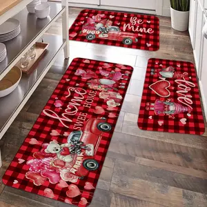2/3pcs Valentine's Day decoration kitchen carpet, retro red truck with cute romantic teddy bear pattern, non slip floor mat, flannel soft and comfortable easy to clean, suitable for bedroom, living room, dining room, kitchen, bathroom door mat