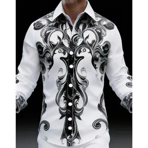 Men's High-End Printed Shirt Black & White Baroque Pattern Slim-Fit Daily Casual Shirt