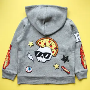 Custom Kids' Hoodie with Supersize Pizza Skull and Flames Patches