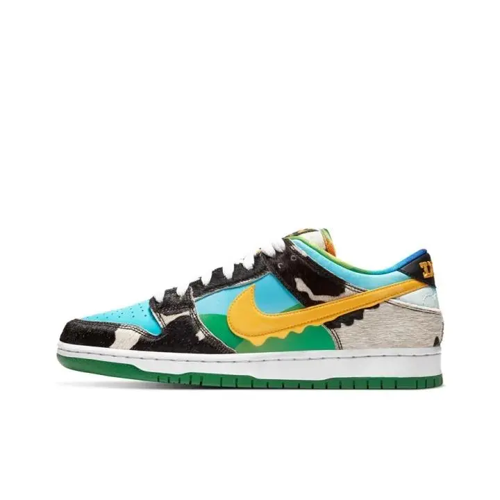 Unisex low sneakers crafted with leather and cow print fur vibrant multi color mix green non slip outsole neat stitching All Day Comfort plush fit bold Streetwear style for daily outdoor walks