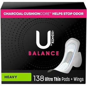 U by Kotex Balance Pads with Wings Ultra Thin Overnight Extra Heavy Absorbency 30 Count Up to 12 Hours Night Defense Biodegradable Bamboo Toilet Paper Pack