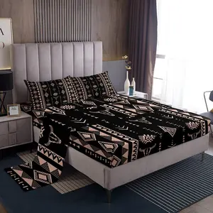 Western Aztec Boho Flat Fitted Sheet for Boys Men,Bull Skull Bed Sheets Set for Home,Southwestern Cowboy Bedding Set,Ethnic Horns Bed Set,with,Black, Bed Sheet Set