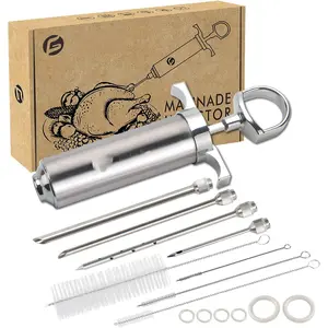 Stainless Steel Meat Injector Syringe Kit with 4 Marinade Needles for BBQ Grill Smoker, Gifts for Men Dad Husband in Thanksgiving Christmas Day, 2-oz Large Capacity, Both Paper User Manual and E-Book Recipe