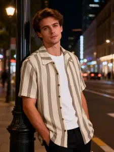 Men's Striped Short Sleeve Fitted Fashion Shirt, Casual Breathable Textured Fabric, Collar Design, Quality Buttons, Summer Daily Wear