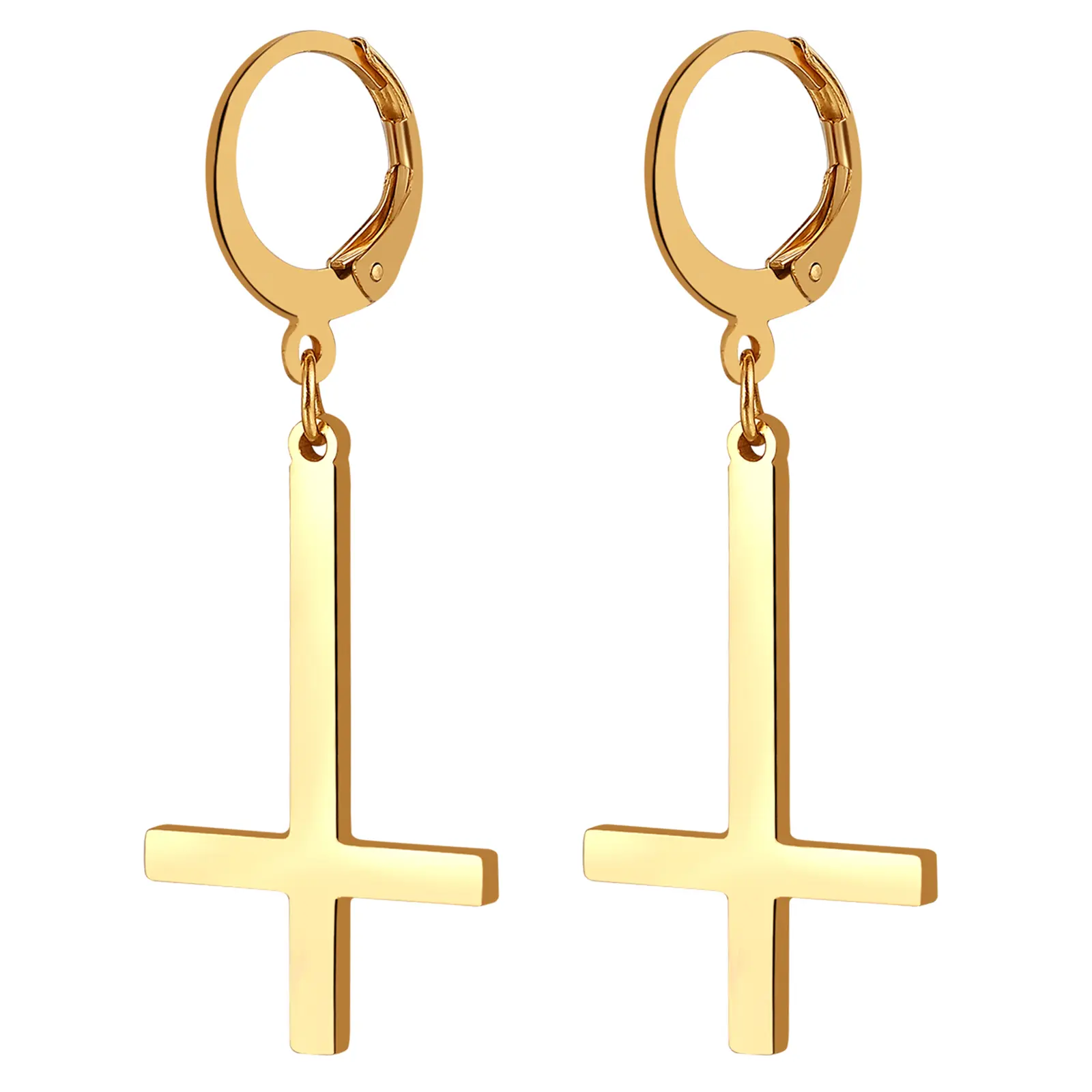 OIDEA Stainless Steel Inverted Cross Huggie Earrings - Chain Dangles, Lightweight Silver Witchy Jewelry with Talisman Protection Charm for Birthday Gifts, Girlfriend Birthday Gift, 1.69 Inches, Cross Measures 0.98 Inches Height, Hoop Earrings