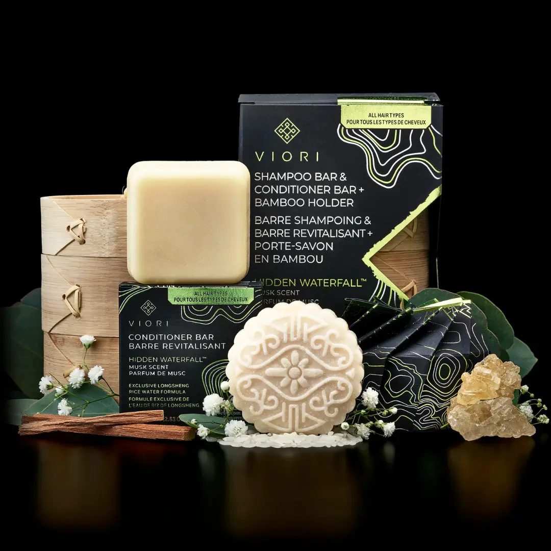 VIORI Beauty Shampoo & Conditioner Bar Set with Bamboo Holder | Hidden Waterfall Scent