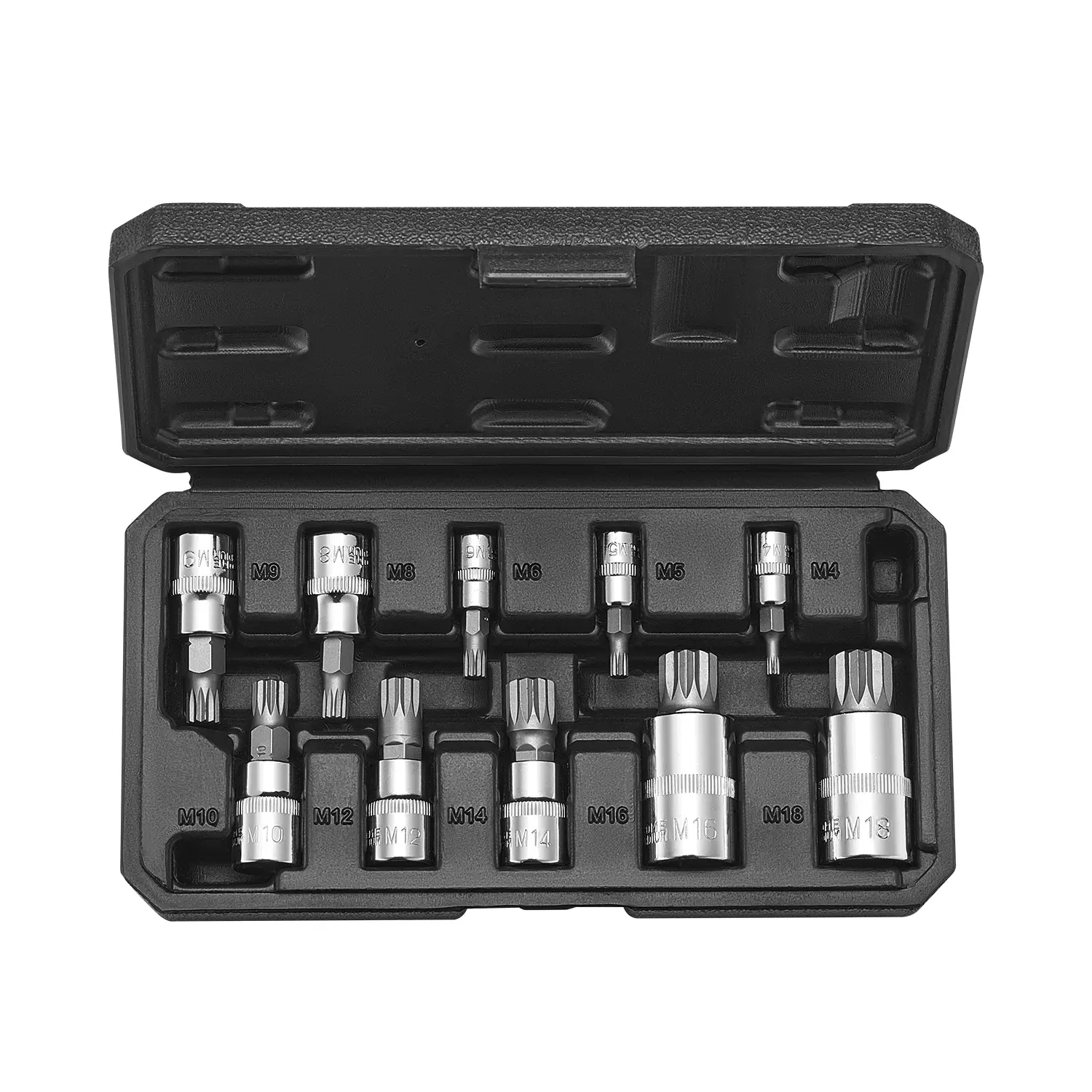 VEVOR Heavy Duty XZN Triple Square Spline Bit Socket Wrench Set, 10-Piece M4-M18 Sizes, Premium Cr-V Chrome Steel, 1/4in-3/8in-1/2in Drives, Rust-Resistant, Chamfer Edge, Enhanced Storage Case, Hand Tools for Automotive Use with Less Fastener Wear
