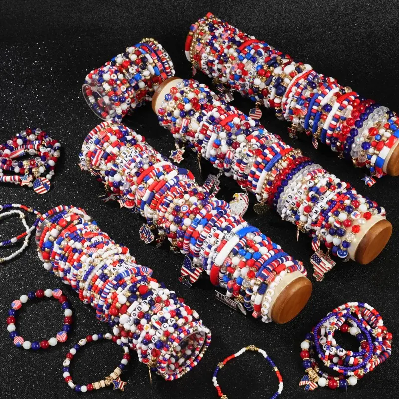 Women's 250th Anniversary Stretch Bracelets Set, Patriotic USA Flag Beaded Arm Candy, Multi-Layered Stacking Jewelry for 4th of July, Independence Day, Bracelet Stacking, Unisex Wear, Arm Candy Accessories, Casual, Daily, Fashionable Bracelet