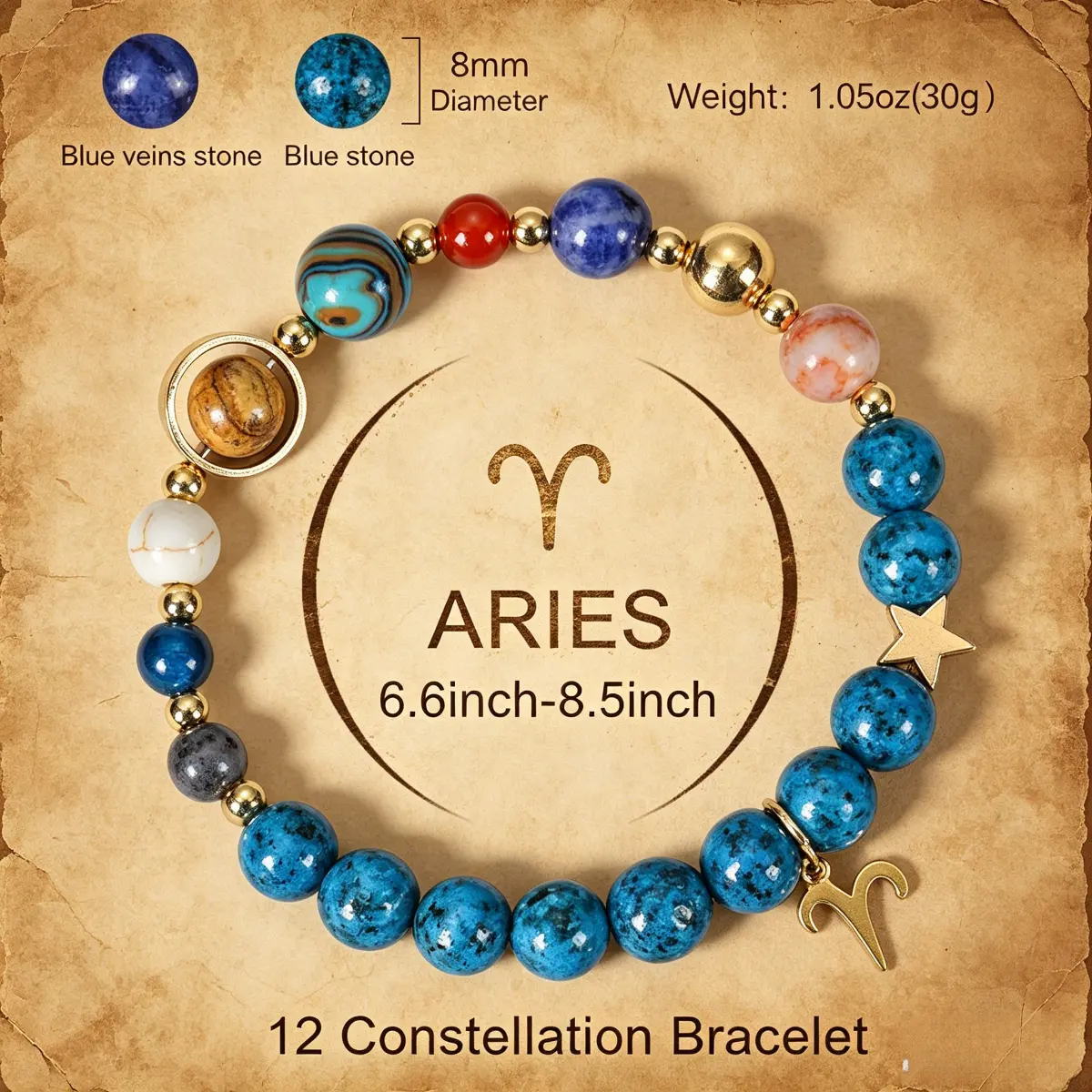 Solar System Jewelry for Women with Cosmic Charms, Beaded with Detachable Zodiac Signs, Adjustable Size, Natural Stone, Planetary Theme, Daily Wear, Detachable Signs, 6.6-8.5 Inch, 8 Solar System Planet Beads, Bangle, Bracelet, Unisex, Round Beads