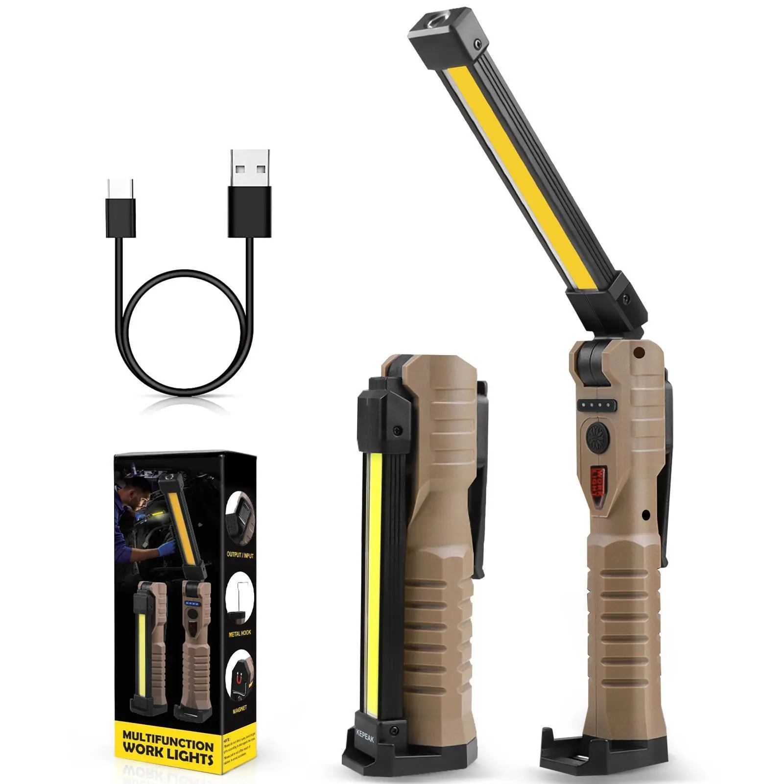 High Lumen Handheld Bright USB Rechargeable Tactical Flashlight, 180° Rotatable, 5 Modes, Magnetic Base, Hanging Hook, Khaki LED Work Light for Mechanics, High Lumen Flashlight, Handheld Bright Flashlight