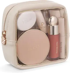 Mini Makeup Bag,Clear Makeup Bag Cute Travel Makeup Bag Pouch Purse Car Essentials for Women,Travel Essentials Organizers(Beige)