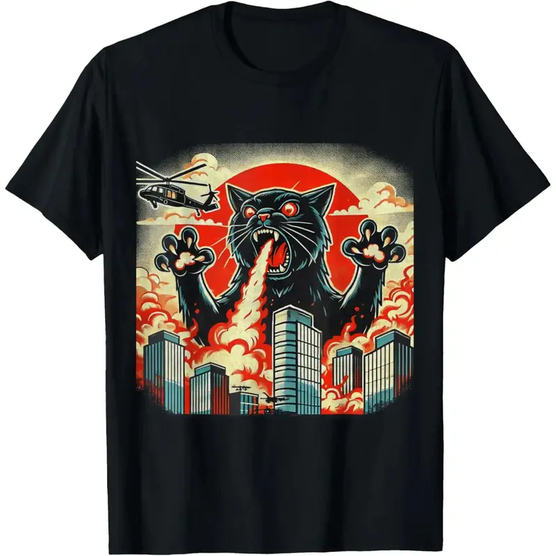Casual shortsleeve funny graphic tees Catzilla Cat Japanese Art Funny Cat Gifts For Men Women Kids T-Shirt 0714D 818