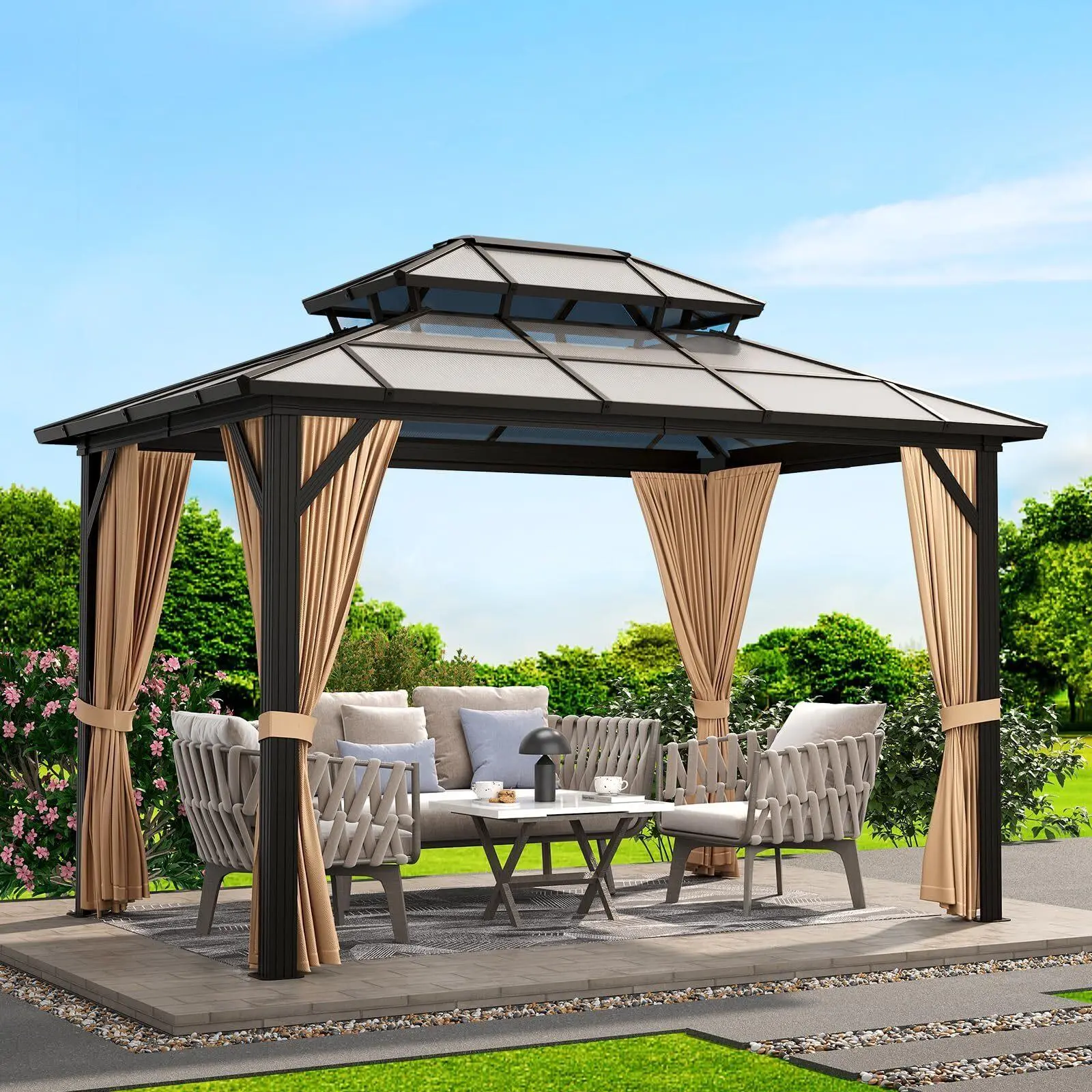 10'x12' Rectangle Heavy Duty Outdoor Furniture Gazebo, Stable Aluminium Frame, Double Galvanized Steel & Advanced Polycarbonate Hardtop, Khaki Outdoor Shade Canopy, Stakes for Patios/Gardens (6-8 People, Assembly Required), Heavy Duty Canopy