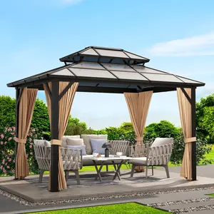 10' x 12' Hardtop Gazebo, Metal Gazebo with Aluminum Frame, Double Galvanized Steel Roof, Pergolas for Patios, Garden, Parties, Lawns，Khaki Outdoor Shade Canopy Outdoor Canopy Shelter Sun Parasol Umbrella