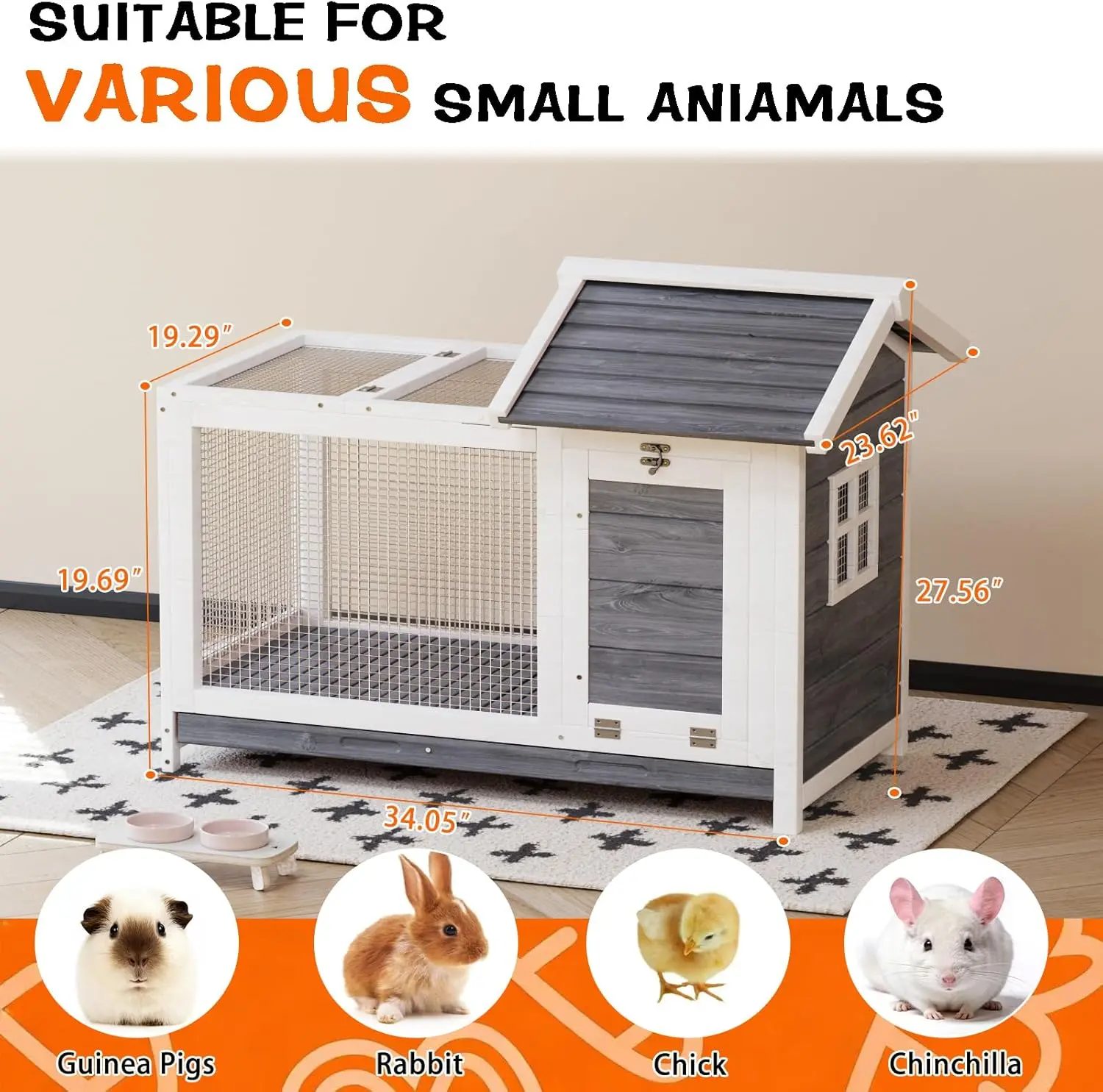 Gaomon Fir Wood Multi-Level Rabbit Hutch - Indoor/Outdoor Small Animal Cage with Anti-Bite Metal Frame Ramp, Removable Transparent Mesh, Weatherproof Extendable Design, Extendable Table, Asphalt Roof, Lockable Entry Doors (for Guinea Pigs), All Seasons