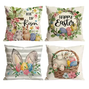 Easter Bunny Basket & Eggs Pillow Covers Set of 4 | Watercolor Floral Spring Home Decor for Living Room Happy Easter 0209YD
