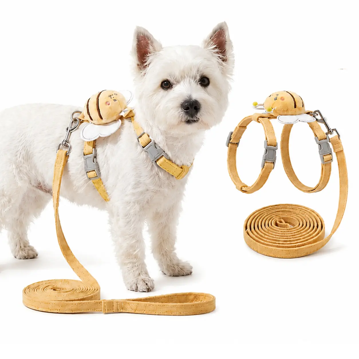 Bee Motif Corduroy Dog & Cat Harness and Leash Set - Escape-Proof No-Pull Pet Vest, Detachable Aluminum Buckle, Soft Lightweight for Walking, Adorable Design for Small to Medium Pets, Hand Wash Only Collars & Harnesses & Leads