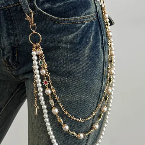 【Black Friday】Vintage Glamorous Colored Rhinestone & Imitation Pearl Waist Chain for Ladies, Trendy Decorative Cross Pants Chain
