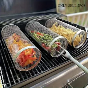 2pcs/set, Stainless Steel BBQ Cage, For Outdoor Grilling, Camping, Grill Accessories, Bbq Tools, Gifts For Men Dad Boyfriend, Halloween Christmas Wedding Birthday Party Supplies Camping BBQ Accessories Vacation Essential