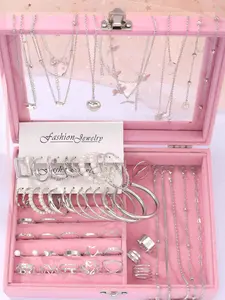 Faux Pearl Elegant Jewelry Set, Fashion Butterfly & Heart & Star Design Necklace & Bracelet & Rings & Earrings, Trendy All-match Cute Jewelry Set As Gift