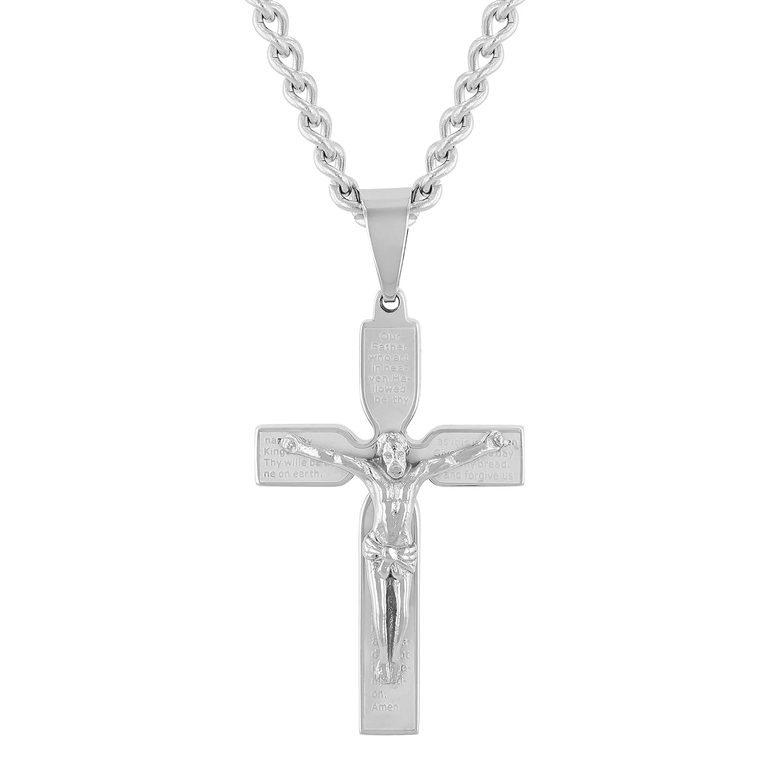 Men's Tungsten Crucifix Pendant - Religious Cross Necklace with Raised Relief Detail, Polished Finish, Solid Weighted Construction, Classic Cross Motif, Detailed Craftsmanship, Durable Built for Lasting Everyday Wear, Daily