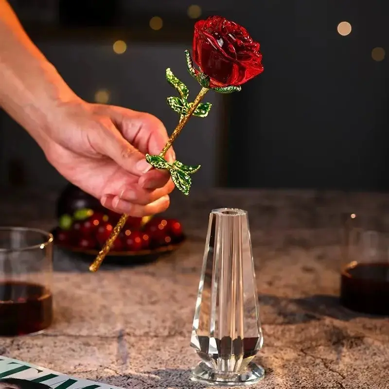 Crystal Glass Red Artificial Rose with Decorative Stem, Eternal Forever Flower Gift for Valentine Christmas Couple Anniversary & Wedding Keepsake Present