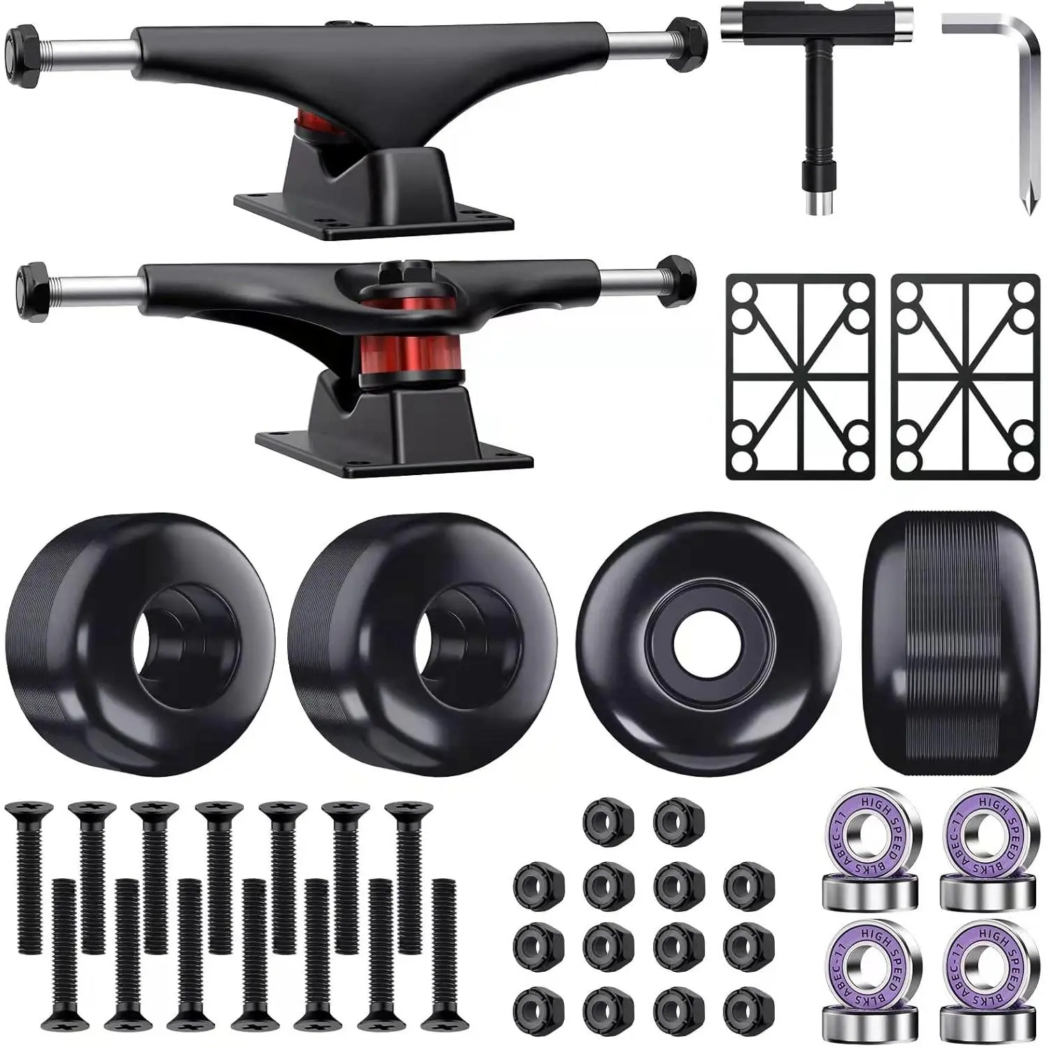 Skateboard Trucks, Fits 7.75-8.25" Deck, Skateboard Wheels 52mm, Skateboard Bearings ABEC-11, Skateboard Pads, Skateboard Hardware Tool Combo Starter Set