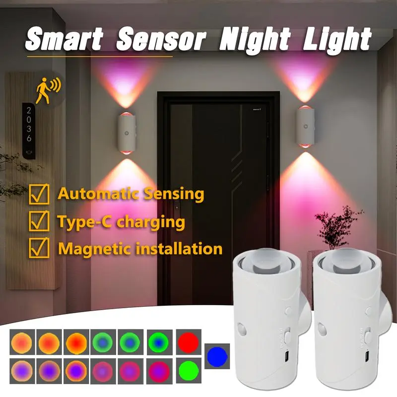 1/2 Packs Smart Motion Sensor LED Night Light, USB Rechargeable Magnetic Wall Lamp, RGB Gradient Color Changing Ambient Light, Dimmable Step Light for Bedroom, Stairs, Hallway & Home Decor