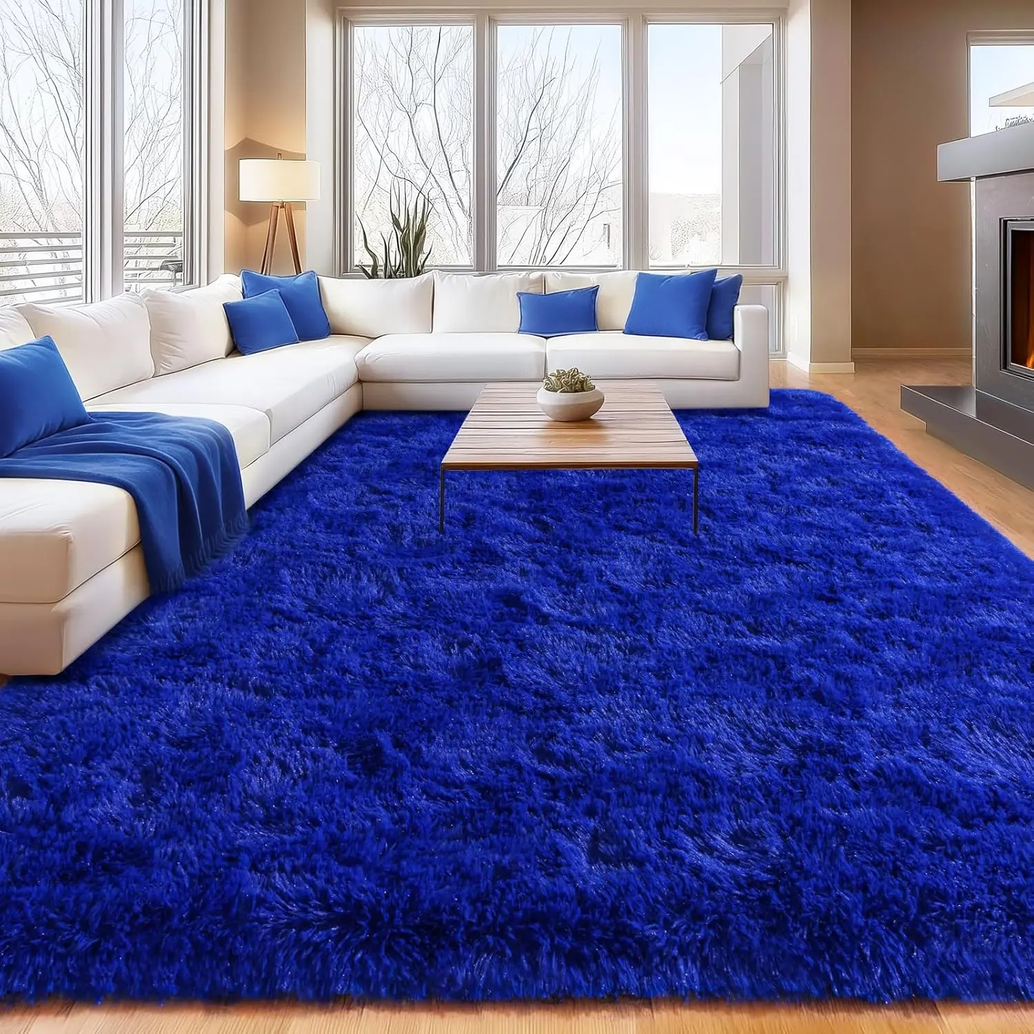 【Back to School】PLUMLIK Bright Blue Area Rug for Living Room, Soft Shaggy Carpets for Living Room, Chic Home Decor Aesthetic, Upgrade Non-Slip Fluffy Rug, Ideal for Father's Day Gifts, Housewarming Gift, With 4 Carpet Stickers fathersdaygiftideas