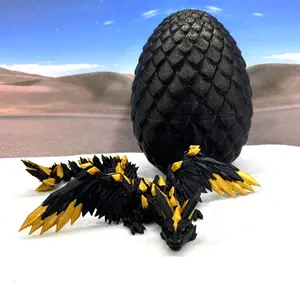 3D Printed Dragon with Wings, Crystal Winged Dragon and Dragon Egg, 8" Articulated Black and Gold Winged Dragon, Fidget ADHD Autism Toy Decoration Items Collectible Figurines