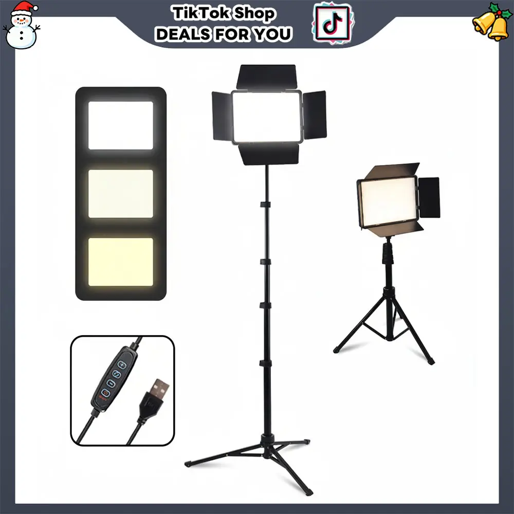 10" 3-Color LED Video selfie Light Panel Kit with Barn Doors & 57" Retractable Tripod, Dimmable 2500K-6500K for YouTube TikTok Live Streaming Makeup Photography Zoom Calls Video Recording Studio Lighting Setup#SummerWins#Fathersdaygift