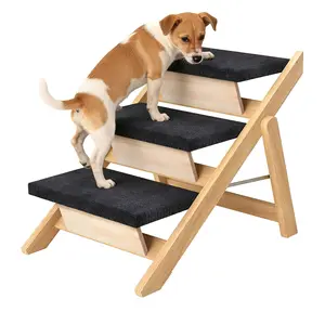 Pet Stairs/Steps for Medium Dogs - 2-in-1 Foldable Wood Ramp with Non-Slip Pads, 3 Steps, Natural Pine Wood, Easy Storage & Transport, Supports Up to 150 lbs, Safe for High Beds, Sofa, Couch, Car, Supports 150 Lbs