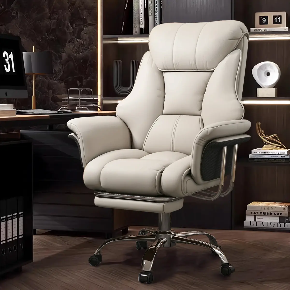 【Summer sale】Big and Tall Office Chair 550 lbs Extra Wide Leather Executive Chair with Retractable Footrest Heavy Duty Ergonomic Adjustable Height Computer Gaming Chairs