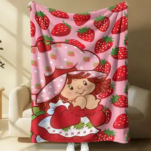 Cute Strawberry Print Strawberry Shortcake Flannel Fleece Throw Blanket, Ultra-Soft Cartoon Blanket for Girls Kids, Lightweight Summer Air Conditioner Blanket for Sofa Bed Office Car Camping Travel