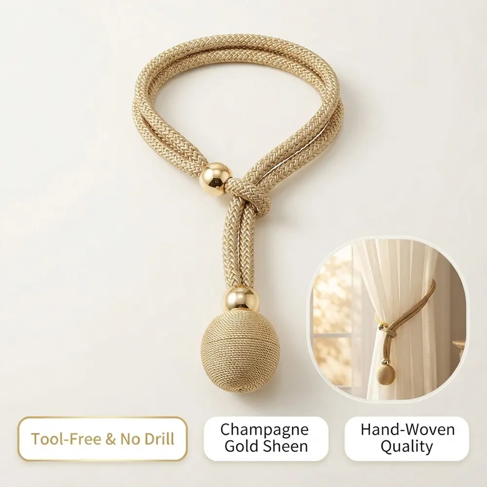 RENFUGUI Decorative Curtain Tiebacks, Adjustable Single Ball Drapery Holdback Rope with Gold Beads, No Drilling Tool Free Window Treatment Accessories for Living Room Bedroom Home Decor, Champagne Gold