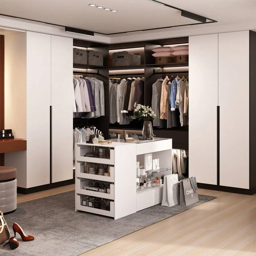 Sturdy MDF Wood Bedroom Dresser Island - Glass Top, Checkroom Table with Glass Display Shelf, 6 Drawers, Open Shelves Closet Storage Cabinet (Not Power Supply, Innovative Design), Multiple Drawers