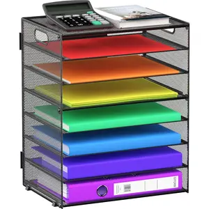 8 Tier Paper Letter Tray Organizer with Handles, Mesh Desk File Holder Storage for Home School Classroom & Office (Black)