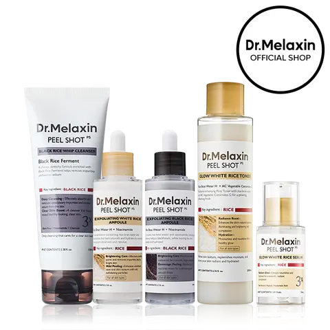 [Dr.Melaxin Official] Peel Shot Glow Rice Routine Set, 5-Piece | Black Rice Whip Cleanser, White Rice Toner, Serum & 2 Exfoliating Ampoules | Rice Skincare for Glass Skin, Pore & Texture Care | Korean Skincare