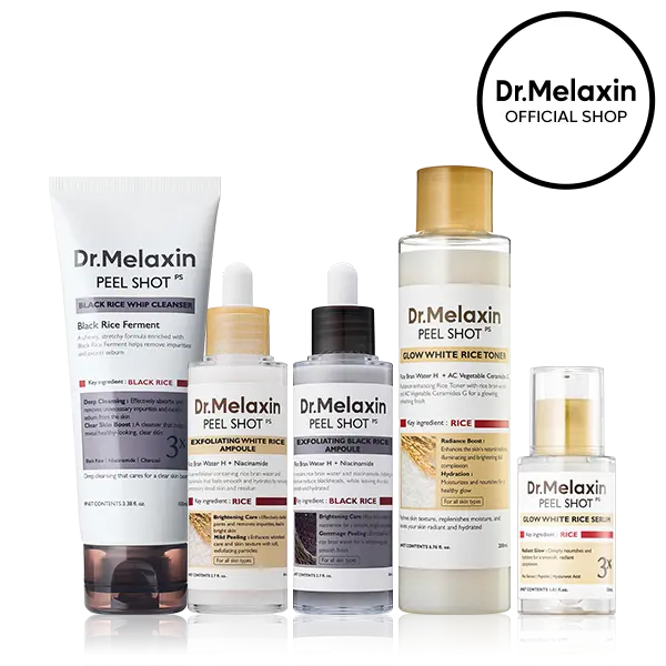 [Dr.Melaxin Official] Peel Shot Glow Rice Routine Set, 5-Piece | Black Rice Whip Cleanser, White Rice Toner, Serum & 2 Exfoliating Ampoules | Rice Skincare for Glass Skin, Pore & Texture Care | Korean Skincare