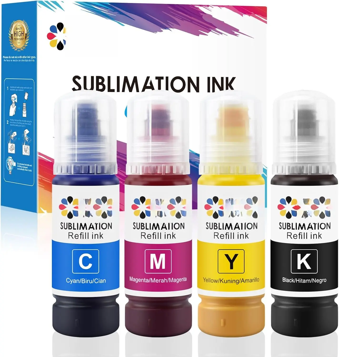 Sublimation Heat Print Ink for Epson 2800,ET2803,ET2850,ET2720,ET2760,ET4800,ET15000 - Refillable Ink Refills,Auto-Fill Bottles,High-Efficiency Heat Press Transfer,Anti-UV,Non-Fading,ICC-Free,Time-Saving for DIY Users to Save Time for Your Creation