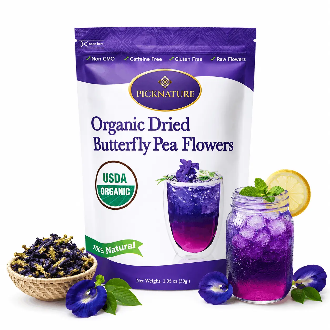 PICKNATURE Organic Dried Butterfly Pea Flower Tea | 100+ Cups | Color-Changing Blue to Purple | Loose Leaf | USDA Organic | Thailand | Cocktails, Lattes & Natural Food Dye | 1.05oz