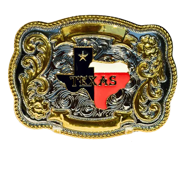 Texas Flag Western Belt Buckle - 4" x 3" Gold Silver Toned Ornate Cowboy Rodeo Buckle