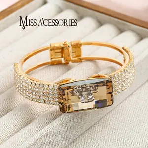 Champagne Rectangle Crystal Bangle | Viral Oversized Gem Statement Bracelet | Y2K Party Wear for Women | Elegant Simulated Champagne Crystal Bangle | Perfect Gift for Her: Champagne Rectangle Crystal Multi-Row Bangle