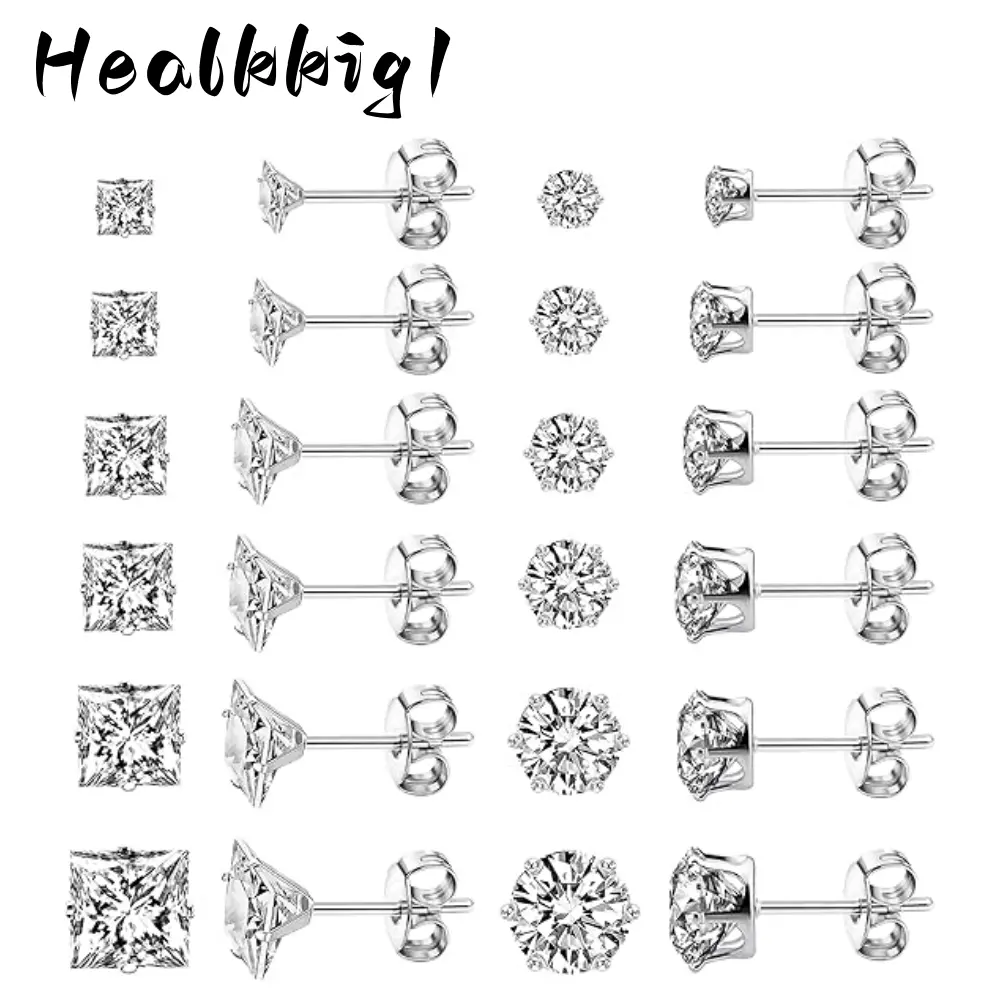 10 Pairs 304 Stainless Steel 6mm Rhinestones Stud Earrings Set - High Quality Classic Casual Simple Style Earring Stack for Costume Jewelry & Fashion Accessories