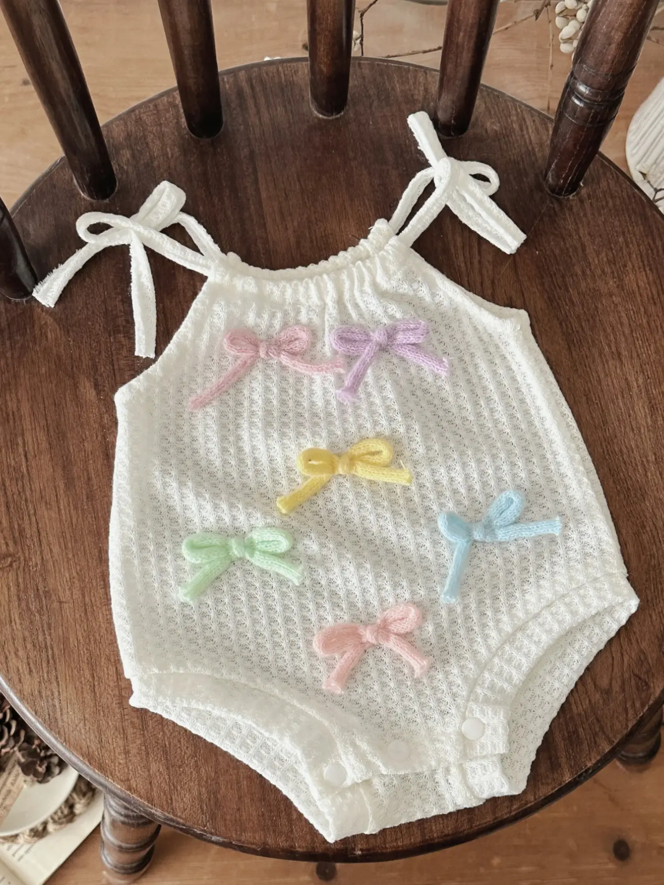 Korean Style Fresh Colorful Bow Baby Romper, Infant Breathable Knit Halter Crawling Suit, Loose-Fitting Casual Clothing for Babies, Baby Girl Clothes, Infant Outfit, Bodysuit Romper