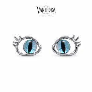 [VA RA] Blue Devil Eye Cat Eye Stud Earrings for Men Women, S925 Silver Post Silver Tone Eye Shape Earrings, Y2K Minimalist Gothic Ear Jewelry, Daily Party Birthday Holiday Gift for Him Her
