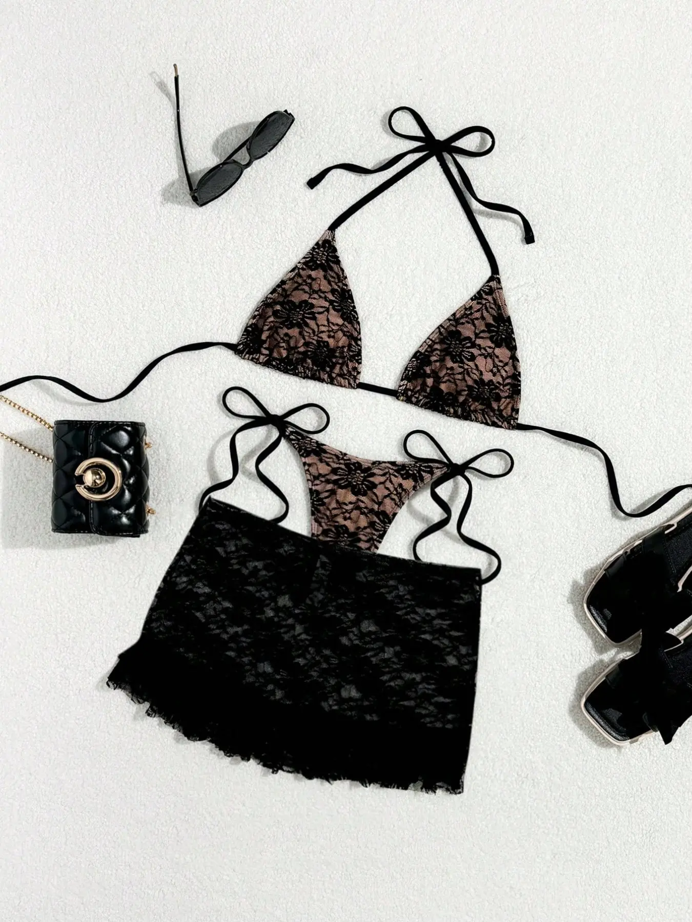 Three-Piece Lace Halter Neck Stylish Bikini Swimsuit Set, Sheer Lace Design, Matching Sarong, Summer Bikini Beach, Perfect for Beach Vacations or Tropical Trips