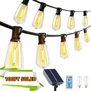 100ft Solar Powered LED String Lights, 50 St38 Edison Bulbs, 8 Modes, Waterproof, Adjustable Dimmable, 2500k, Outdoor Deco