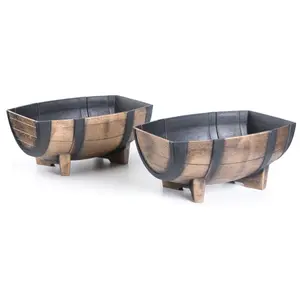 212 MAIN Outdoor Ready Oval Half-Barrel Flower Pot (Pack of 2) - 7.25x11.75x16.25 in. Rustic Wooden Brown Plastic Planter with Raised Base, Large Planter Pot for Outdoor Use, Rustic Wooden Planter